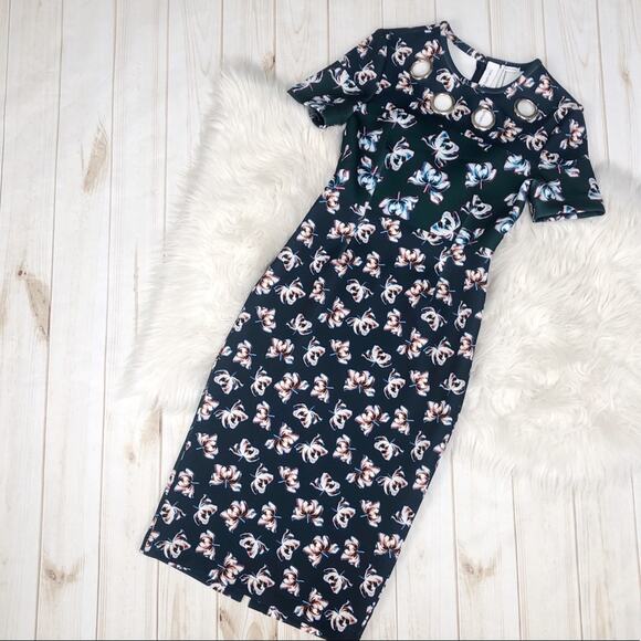 Yigal Azrouel Green Floral Print Sheath Bodycon Dress with Grommets NEW - Picture 4 of 7